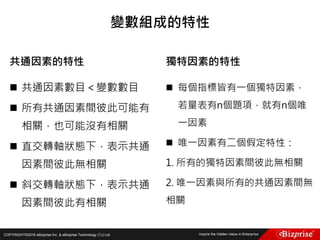 COPYRIGHT©2016 eBizprise Inc. & eBizprise Technology (TJ) Ltd.
變數組成的特性
共通因素的特性
 共通因素數目＜變數數目
 所有共通因素間彼此可能有
相關，也可能沒有相關
 直交轉軸狀態下，表示共通
因素間彼此無相關
 斜交轉軸狀態下，表示共通
因素間彼此有相關
獨特因素的特性
 每個指標皆有一個獨特因素，
若量表有n個題項，就有n個唯
一因素
 唯一因素有二個假定特性：
1. 所有的獨特因素間彼此無相關
2. 唯一因素與所有的共通因素間無
相關
 