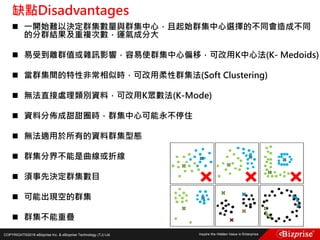 COPYRIGHT©2016 eBizprise Inc. & eBizprise Technology (TJ) Ltd.
缺點Disadvantages
 一開始難以決定群集數量與群集中心，且起始群集中心選擇的不同會造成不同
的分群結果及重複次數，運氣成分大
 易受到離群值或雜訊影響，容易使群集中心偏移，可改用K中心法(K- Medoids)
 當群集間的特性非常相似時，可改用柔性群集法(Soft Clustering)
 無法直接處理類別資料，可改用K眾數法(K-Mode)
 資料分佈成甜甜圈時，群集中心可能永不停住
 無法適用於所有的資料群集型態
 群集分界不能是曲線或折線
 須事先決定群集數目
 可能出現空的群集
 群集不能重疊
 