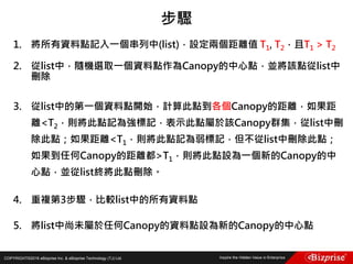 COPYRIGHT©2016 eBizprise Inc. & eBizprise Technology (TJ) Ltd.
1. 將所有資料點記入一個串列中(list)，設定兩個距離值 T1, T2，且T1 > T2
2. 從list中，隨機選取一個資料點作為Canopy的中心點，並將該點從list中
刪除
3. 從list中的第一個資料點開始，計算此點到各個Canopy的距離，如果距
離<T2，則將此點記為強標記，表示此點屬於該Canopy群集，從list中刪
除此點；如果距離<T1，則將此點記為弱標記，但不從list中刪除此點；
如果到任何Canopy的距離都>T1，則將此點設為一個新的Canopy的中
心點，並從list終將此點刪除。
4. 重複第3步驟，比較list中的所有資料點
5. 將list中尚未屬於任何Canopy的資料點設為新的Canopy的中心點
步驟
 