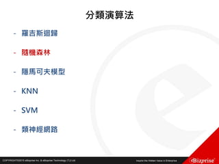 COPYRIGHT©2016 eBizprise Inc. & eBizprise Technology (TJ) Ltd.COPYRIGHT©2015 eBizprise Inc. & eBizprise Technology (TJ) Ltd.
分類演算法
- 羅吉斯迴歸
- 隨機森林
- 隱馬可夫模型
- KNN
- SVM
- 類神經網路
 