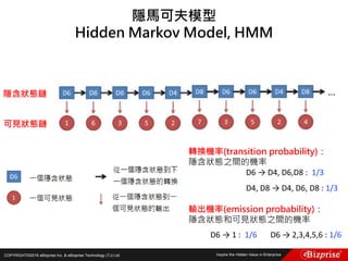 COPYRIGHT©2016 eBizprise Inc. & eBizprise Technology (TJ) Ltd.
隱馬可夫模型
Hidden Markov Model, HMM
可見狀態鏈
隱含狀態鏈
轉換機率(transition probability)：
隱含狀態之間的機率
D6 → D4, D6,D8 : 1/3
D4, D8 → D4, D6, D8 : 1/3
輸出機率(emission probability)：
隱含狀態和可見狀態之間的機率
D6 → 1 : 1/6 D6 → 2,3,4,5,6 : 1/6
 