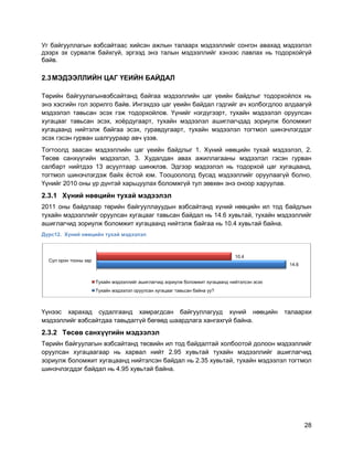 28
Уг байгууллагын вэбсайтаас хийсэн ажлын талаарх мэдээллийг сонгон авахад мэдээлэл
дээрх эх сурвалж байхгүй, эргээд энэ талын мэдээллийг хэнээс лавлах нь тодорхойгүй
байв.
2.3МЭДЭЭЛЛИЙН ЦАГ ҮЕИЙН БАЙДАЛ
Төрийн байгуулагынвэбсайтанд байгаа мэдээллийн цаг үеийн байдлыг тодорхойлох нь
энэ хэсгийн гол зорилго байв. Ингэхдээ цаг үеийн байдал гэдгийг ач холбогдлоо алдаагүй
мэдээлэл тавьсан эсэх гэж тодорхойлов. Үүнийг нэгдүгээрт, тухайн мэдээлэл оруулсан
хугацааг тавьсан эсэх, хоѐрдугаарт, тухайн мэдээлэл ашиглагчдад зориулж боломжит
хугацаанд нийтэлж байгаа эсэх, гуравдугаарт, тухайн мэдээлэл тогтмол шинэчлэгддэг
эсэх гэсэн гурван шалгуураар авч үзэв.
Тогтоолд заасан мэдээллийн цаг үеийн байдлыг 1. Хүний нөөцийн тухай мэдээлэл, 2.
Төсөв санхүүгийн мэдээлэл, 3. Худалдан авах ажиллагааны мэдээлэл гэсэн гурван
салбарт нийтдээ 13 асуултаар шинжлэв. Эдгээр мэдээлэл нь тодорхой цаг хугацаанд,
тогтмол шинэчлэгдэж байх ѐстой юм. Тооцоололд бусад мэдээллийг оруулаагүй болно.
Үүнийг 2010 оны үр дүнтэй харьцуулах боломжгүй тул зөвхөн энэ оноор харуулав.
2.3.1 Хүний нөөцийн тухай мэдээлэл
2011 оны байдлаар төрийн байгууллауудын вэбсайтанд хүний нөөцийн ил тод байдлын
тухайн мэдээллийг оруулсан хугацааг тавьсан байдал нь 14.6 хувьтай, тухайн мэдээллийг
ашиглагчид зориулж боломжит хугацаанд нийтэлж байгаа нь 10.4 хувьтай байна.
Дүрс12. Хүний нөөцийн тухай мэдээлэл
Үүнээс харахад судалгаанд хамрагдсан байгууллагууд хүний нөөцийн талаархи
мэдээллийг вэбсайтдаа тавьдаггүй бөгөөд шаардлага хангахгүй байна.
2.3.2 Төсөв санхүүгийн мэдээлэл
Төрийн байгуулагын вэбсайтанд төсвийн ил тод байдалтай холбоотой долоон мэдээллийг
оруулсан хугацаагаар нь харвал нийт 2.95 хувьтай тухайн мэдээллийг ашиглагчид
зориулж боломжит хугацаанд нийтэлсэн байдал нь 2.35 хувьтай, тухайн мэдээлэл тогтмол
шинэчлэгддэг байдал нь 4.95 хувьтай байна.
14.6
10.4
Сул орон тооны зар
Тухайн мэдээллийг ашиглагчид зориулж боломжит хугацаанд нийтэлсэн эсэх
Тухайн мэдээлэл оруулсан хугацааг тавьсан байна уу?
 