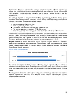 32
Хүртээмжтэй байдлын (accessibility) шалгуур үзүүлэлтньтухайн вэбсайт хэрэглэгчдэд
төрийн үйл ажиллагаатай холбоотой баримт бичгийг авахаар хүсэлт гаргах, авах боломж
олгохуйц мөн 2 талын харилцааг хангахуйц байгаа эсэхийг багтаан ойлгоно (Drew and
Nyerges 2004).
Энэ шалгуур үзүүлэлт нь илүү хэрэглэгчийн байр суурийг харуулж байгаа бөгөөд тухайн
мэдээлэл төрийн байгууллагын вэбсайтад байгаа эсэхийг тодорхой шалгуураар шалгана.
Шалгуур үзүүлэлтийг дараахь үзүүлэлтээр хэмжив:
 Асуулт хариултын булантай эсэх
 Хэлэлцүүлгийн булантай эсэх
 Холбоотой байгууллагын холбоос линк тавигдсан эсэх
 Тогтмол асуудаг асуулт, хариулт (FAQ) байгаа эсэх
 Хэрэглэгчдэд мэдээлэл авах үүднээс хэлний сонголт хийх боломж байгаа эсэх.
Бусад шалгуур үзүүлэлтээс ялгаатай нь мэдээллийн хүртээмжтэй байдал нь мэдээллийн
агуулгыг гэхээс илүүтэй тухайн вэбсайт дахь мэдээлэл хэр хүртээмжтэй байна гэдгийг
шинжлэх зорилготой юм. Тиймээс уг шалгуур үзүүлэлтээр мэдээллийн хүрээ тус бүрийг
бус харин тухайн вэбсайтыг бүхэлд нь хэмжсэн болохыг тэмдэглэх нь зүйтэй.
Асуулт хариултын булан. Вэбсайтад асуулт хариултын булан байгаа нь хэрэглэгч,
иргэдэд өөрсдийн хүссэн асуултаа тухайн байгууллагаас тавих боломжийг олгож байдаг
бөгөөд Төрийн байгууллагын вэбсайтанд асуулт үлдээн, хариултыг нь авах боломжтой
булан байгаа эсэхийг шалгана.
Дүрс15. Асуулт хариултын булан
Хүснэгтээс харахад төрийн байгууллагын вэбсайтад асуулт хариултын булан байгаа нь
өмнөх оныхоос 46.90 хувь буюу нийт 10 хувиар нэмэгдсэн. Энэ нь хэрэглэгчдэд мэдээлэл
хүрэх боломж нь нэмэгдсэн, хүртээмжтэй байдал нэмэгдүүлэхэд анхаарч байгааг харуулж
байна.
Хэлэлцүүлгийн булантай эсэх. Төрийн байгуулагын вэбсайтууд тодорхой нэгэн сэдвийн
хүрээнд хэрэглэгчид, иргэдийн санал бодлыг сонсох, тэднийг идэвхижүүлэх үүднээс
хэлэлцүүлгийг өрнүүлдэг.
46.90%
36.90%
2011 он
2010 он
Асуулт хариултын булантай вебсайтууд
Тийм
 