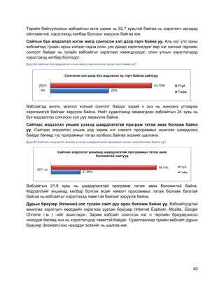 40
Төрийн байгууллагын вэбсайтын өнгө үзэмж нь 92.7 хувьтай байгаа нь хэрэглэгч иргэдэд
ойлгомжтой, хэрэглэхэд хялбар болсныг харуулж байгаа юм.
Сайтын бүх мэдээлэл нэгэн жигд сонгосон хэл дээр гарч байна уу. Аль нэг улс орны
вэбсайтад тухайн орны хэлээс гадна олон улс даяар хэрэглэгддэг өөр нэг хэлний төрлийн
сонголт байдаг нь тухайн вэбсайтыг хэрэглээг нэмэгдүүлдэг, олон улсын хэрэглэгчдэд
хэрэглэхэд хялбар болгодог.
Дүрс24 Сайтын бүх мэдээлэл нэгэн жигд сонгосон хэл дээр гарч байна уу?
.
Вэбсайтад англи, монгол хэлний сонголт байдаг хэдий ч энэ нь жинхэнэ утгаараа
хэрэгжихгүй байгааг харуулж байна. Нийт судалгаанд хамрагдсан вэбсайтын 24 хувь нь
бүх мэдээллээ сонгосон хэл рүү хөрвүүлж байна.
Сайтаас мэдээлэл уншиж үзэхэд шаардлагатай програм татаж авах боломж байна
уу. Сайтаас мэдээлэл унших үед зарим нэг нэмэлт программыг ашиглах шаардлага
байдаг бөгөөд тус программыг татах холбоос байгаа эсэхийг шалгана.
Дүрс25 Сайтаас мэдээлэл уншиж үзэхэд шаардлагатай программ татаж авах боломж байна уу?
Вэбсайтын 21.9 хувь нь шаардлагатай программ татаж авах боломжтой байна.
Мэдээллийг уншихад хялбар болгож өгдөг нэмэлт программыг татаж боломж багатай
байгаа нь вэбсайтыг хэрэглэхэд төвөгтэй байгааг харуулж байна.
Дурын браузер (browser)-ээс тухайн сайт руу орох боломж байна уу. Вэбсайтуудтай
ажиллах хэрэглэгч өөрсдийн хэрэглэж сурсан браузер (Internet Explorer, Mozilla, Google
Chrome г.м ) –ийг ашигладаг. Зарим вэбсайт сонгосон нэг л төрлийн браузерээсээ
нээгддэг бөгөөд энэ нь хэрэглэгчдэд төвөгтэй байдаг. Судалгаагаар тухайн вебсайт дурын
браузер (browser)-ээс нээгддэг эсэхийг нь шалгах юм.
24%
41.70%2011
он
Сонгосон хэл дээр бүх мэдээлэл нь гарч байгаа сайтууд
Үгүй
Тийм
21.90%
78.10%
2011 он
Сайтаас мэдээлэл уншихад шаардлагатай программыг татаж авах
боломжтой сайтууд
Үгүй
Тийм
 