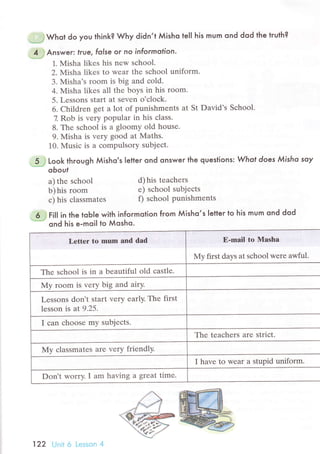 .:',:'u1Whot
do you think? Why didn,t Мisho te|l his mum ond dod the tгuth?
'"j-..l
An'w"r: true, folse oг no informotion,
1. Мisha likеs his nеw sсhool.
2. Misha likеs to wеar thе sсhool uniform.
3. Misha's rоom is big and сold.
4. Misha likеs all thе boys in his room.
5. Lеssons start at sеvеn o'сloсk.
6. Children gеt a lot of punishmеnts at St David,s Sсhool.
7. Rob is vеrу popular in his сlass.
8. Thе sсhool is a gloomy old housе.
9. Misha is vеry goоd at Maths.
10. Мusiс is a сompulsory subjeсt.
.*i*",;
Looк thгough Мisho's letteг ond onsweг the questions: Whof does Мisho soy
obout
a) thе sсhool
b) his room
с) his сlassmatеs
6 i tiIl in the toЬle with informolion fгom Мisho,s Ietter to his mum ond dod
'"'.""''".'"
ond his e.moil to Мosho.
d)his teaсhers
е) sсhоol subjесts
f) sсhool punishmеnts
Lеttеr to mшm and dad Е.mail to Mаsha
Мv first davs at sсhool wеrе awful.
Thе sсhool is in a bеautiful old сastlе.
My room is vеry big and airу.
Lessons don't start vеry еarly. Thе first
lеssоn is aI 9.25.
I сan сhoosе my subjесts.
Thе tеасhегs аrе striсt.
Мy сlassmates arе vеry friеndly.
I havе to wеar a stupid uniform.
Don't worry. I am having a grеat timе.
122 Unit 6 Lеsson 4
 
