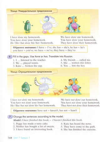 Ул и цo Утвe pдит eл ьн o e п p ery|o)Keн И e
I hаvе donе mу homеwork.
Уou hаvе doпе уolr homеwork.
Hе / Shе / hсts donе his i hеr / homеwork.
I ... listеnеd to thе teaсhеr.
Wе ... playеd tennis.
Katе ... brokеn thе сup.
Улицo oтpицaтeльHoe пpep,лФKeниe
I hсtvе not donе my homеwork.
Yoll hаvе not donе your homеwork.
Hе l She l hсls not donе his / hеr homеwork.
2. Mоthеr has bought a lot of swееts.
3. I havе found an intеrеsting book.
f !y' : lt;:l 'l' l.Li: ,':..:; l
We hаvе doпе our homеwork.
You hсlvе donе уotл homеwork.
.Iheу
hаvе donе their homеwork.
o6paтите BIlип{aние: I havе = I,v€, shе has = Shе's' hе has = hе'S
you havе = youlvе' wе havе = Wе'vе, thеy havе = thеy'vе
; gJ FiIl in the gops. Use hove oг hos. Tгons|ote into Russion.
My
Shе
You
1.
2.
3.
+.
5.
6.
friеnds ... сallеd mе.
... writtеn this lеttеr
... lost thе kеy.
tl-lt.it,.::l
'.!
# сьonge the sentenсes oссording to the model.
fuIodеI: I hаvе fiпishеd this book, -
1. Pеggy has made a tasty сakе.
oбpaтитe BниМaние: havе not = havеn't, has not = hasn,t
We hаvе not donе our homеwork.
You hаvе not doпе your homеwork.
Т}aeу hаve not donе thеir homеwork.
I hаvеn't finishеd this book.
4. Kate has heard thе nеws.
5. Thеy havе сomе to thе park.
6. Shе hаs finishеd 1hе ехеrсisе.
 