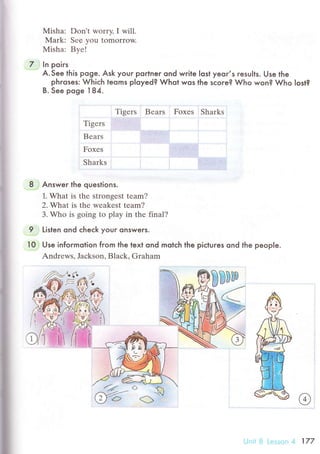 9
r0
Misha: Dоn't worry' I will.
Mark: Sее you tomorrow.
Мisha: Byе!
ln poiгs
A.See this poge. Ask youг poгtner ond wгite lost yeor,s resuIls. Use the
phroses: Whiсh teoms p|oyed? Whoi wos lhe sсore? Who won? Who lost?
B. See poge I 8y'.
Tigеrs Bеars Foxеs Shаrks
Tigеrs
Bеars . ]
Foхеs :. ] :
Sharks l
Answer the questions.
1' What is thе strongеst team?
2. Whаt is thе wеakеst tеam?
3. Who is going to play in thе final?
Ljsten ond сheсk your onswers.
Use infoгmotion from the text ond motсh the piсtuгes ond the peop|e.
Andrеws, Jасkson, Blaсk, Graham
177
 