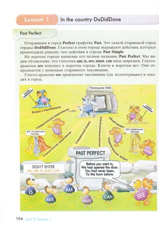 ln the сountry DoDidDone
Post Perfeсt
oтпpaвимся B ГopoД Pеrfесt гpaфствa Past. Этo сaмьrй стapинньIй гopoД
сTpaньI DoDidDonе. Глaгoльl B эToМ гopoде BЬlpa)KaIoT цеЙcтвия, KoтoрЬIе
IIpoисxoДиЛи paIIЬIIIе, uем действия B гopoДе Past Simple'
Ha вopoтax ГopoДa l{arrисaнo егo IToлнoе IIaзBaI{ие Pаst Pеrfeсt. Mьr ви-
дим oбъявление' чTo гЛaгoЛaМ am, is, arе, must, сan BxoД ЗaПpещеI{. Глaгoл-
ДpaKoIIIa srе IIoдoIIIеЛ K BopoTaМ гopoДa. Kлroчa K BopoTaМ нет. oни oт-
KpЬIBaIoTсЯ с ПoМoщЬ}o сTapиI{I{oГo ЗaKIт'ттIaIJИЯ.
Глaгoл-дpaКollla srе ITpoиЗI{oсиT ЗaKЛинaIIие (см. иллroстpaциro) и зaхo-
ДиT B гopoД.
fs
s"€
DoN*Т ЕNТЕR
; . : :'::.-tt-':
**.
РAsT FЕRFЕеT
ri#ffi
g
яр
{q
a
-Е
Yhti
,_%
*
"' t"t
:" 
з: ;
Ъ .l]-""{
ц ,,.;
q.эА
' "+;
ji':
iЦfф
BeЬre yqu waRt iп.
We hed opaned tho doоr.
You hed Rsvsr b'aan,
тa thtg tоlvn b€fоf€.
ir tr r-
194
 