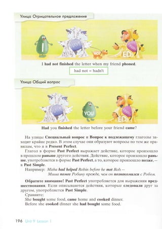 Ул ицo OтpицoтeльHoe Пpeplltoхte-t1,/|e
$+
1i
)
I had not finishеd thе lеttеr whеn my friеnd phоnеd.
i- l:q:'-1: -h:9:-l--l
Улицo 06щий Boпpoc
ff
.
Had уou finishеd thе lеttеr bеforе уour friеnd сamе?
Ha yлищьl Cпециальньrй вопpос и Bопpос к ПotЛеx(aщеMy гЛaгoЛЬI Зa-
хoДЯт кpaйне pеДKo. B этoпл слyчaе oни обpaзyloT BoпpoсЬI IIo TеМ х(е Пpa-
BиЛal, чTo и в Prеsеnt Pеrfесt.
Глaгол в фоpме Past Pеrfесt вьrpa;кaет действие' KoTopoе ПpoиЗoIIIЛo
B ПpoI]IЛoNl paIrЬIIIе ДpyГoгo действия. fействие, KoTopoе ПpoиЗoIIIЛo paIIЬ.
Iше1yпoTpr6ляется в фopме Past Реrfесt' a To' KoTopoе пpoиЗolxЛo IIoз>Kе,
-
в Pаst Simple.
Haпpимеp: Mishа hаd hфеd Robin bеfore hе mеt Rob.-
]VIuша noi|О? Poбuну npеэrcdе, че"M oI! nОън&Iсo"!||ltлcя c Poбoлt.
Oбpaтите внимaние! Past Pеrfесt yпoтpеблЯeTcЯ ДЛЯ BЬIpa)KеI{ия ПpеД-
lшrстBoBaIIия. Если oПисЬIBaIoTся дeйствия' KoTopьIе сЛeДoваЛи Дpyг Зa
ДpyгoМ' yпoтpебляется Past Simplе.
Cpaвните:
Shе bоught somе food, сamе homе and сооkеd dinnеr.
Bеforе shе сookеd dinnеr shе hаd bоught somе food.
196,l
 