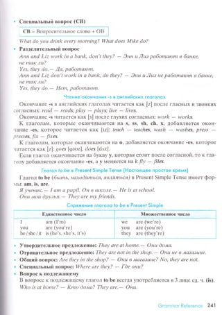 . CпециaльньIй вопpос (CB)
9P
.
Чry:":з"'*:1"j:j9B*l
Whаt do уou driпk evеrу morniпg? Whаt doеs x,Iikе do?
. PaзДелlrтельньrй Boпpoс
Аnn аnd Liz work iп а bаnk, don't theу? - Энн ш Лuз pабomalom в банrcе,
нe mак лu?
Yes, thеу do.- .Ца, pабomаюm.
Аnn аnd Liz don't work in а bаnk' do theу?
- Энн цЛцз не pабomаюm в банке,
нe mак лu?
Yes, thеу do.- Hеm, pабomаrom'
Чтeние oкoнчoния .s в oнглийскиx глoгoлoх
oкoнчaние -s в aнглийсKиx гЛaгoЛaх читaеTся кaк [z] ЦoсЛе ГЛaснЬIх и зBoIlKиx
сoгЛaснЬIх: rеаd
- rеаds; plау - plауs; live - livеs'
oкончaние .s чиTaеTся кaк [s] ПoсЛе гЛyxиx сoгЛaсHЬIx: work - works.
K глaгoлaм, KoTopЬIе oKaHчиBaIоTся нa s, ss, sh' сh, х, дoбaвляется oKoн-
чaние .еs' KoTopoе чиTaеTся кaк [z]: tеасh
- tеасhes, wash - wаshеS, prеSS
-prеSSeS, fiх - fiхes.
K глaгoлaм' KoTopЬIе oKaIIчиBaIoТсЯHa o, дoбaвляеTся oKoI{чaI{ие.еs, KoTopoе
чиTaется кaк|zf: goеs [geкsz]' does |dt'z].
Если глaгoЛ oKaIIчиBaеTся нa бyквy y, KoTopaя сToиT ПoсЛе сoглaснoй, To K гЛa-
гoлy дoбaвляеTся oKoIIчaI{ие .еs? a y MеIIяеTся нai: f|у - fliеs'
Глогoл fo be в Present Simрle Теnse (Hoстoящer пpoстoe вpeмя)
Глaгoл tobe (бьLmь' нахodшm|2cfl, t|вляmься,) в Prеsent Simplе Tеnsе имeeт фop-
1ЬI: am' is, аrе.
Я уненuк. - I аm а pшpil. oн в tuкoле.
- He is аt sсhool.
Онu лtou dpузья.- Thеу аrе mу frieпds.
i
I
i
EДинствепное чисJIo
am (I'm)
arе (you'rе)
MнorкествепIIoе чI4слo
r
I
I
I
you
wе arе (wе'rе)
you arе (you'rе)
thеy arе (thеy'rе)hе / shе / it is (hе,s, shе's, it's)
______l
" УтвеptитеЛьIloе ПpeДЛox(eнпez Thеу аrе аt homе.- Онш doлrа.
. OтpицaтеЛЬIIoе ПpеllЛox(errиe: Thеу аre nОt in thе shop,
- Онu Hе в 'Ma?атцt|е'
. oбщий BoПpoс: Аrе thеу in thе shop? - Онш в
'wаzазuнe?
No, thеу arе not.
. Cпециaльньrй вoпpосz Wherе аrе thеу?
- Гdе oньt?
. Boпpoс к ПoДЛex<aщеMy
B вoпpoсе K ПoдЛе)KaщеMy ГЛaгoЛ to bе всегдa yпoтpебляeтся в 3 Лице еД. u. (is).
Who is аt homе? - Kmo doма? Thеу аre.- Онц.
Cпpяxeниe глoгoлo fo be в Present SimрIe
Grсlmmoг Rеiеrеnсе 241
 