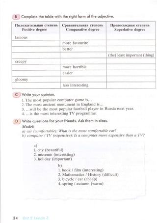 'B
,i ComPlete the tobIe with the гight foгm of the odieсtive.
ПoлorкительIlaя степeпь
Positivе dеgrее
famous
Cpaвнитeльшaя стrпепь
Cоmparativе dеgrее
Пpевoсхoдпaя стrПrIIЬ
Supеrlativе dеgrее
morе favouritе
bеttеr
(thе) lеаst important (1hing)
сrееpy
morе horriblе
еaslеr
gloomy
lеss intеrеsting
,'Cj Write your opinion.
1. Thе most popular сomputеr gamе is...
2.Тlne most anсiеnt monumеnt in Еngland is...
3. ...will bе thе most popular football player in Russia nехt yеar.
4. ...is thе most intеrеsting TV programmе.
D,} Write questions for youг fгiends. Ask them in сloss.
ModеI:
а) сar (сomfortаblе):Whаt is thе most comfortаblе саr?
b) соmputer / TV (ехpеnsive): Is о computеr mОrе ехpеnsive thап а W?
a)
1. сity (beautiful)
2. musеum (intеrеsting)
3. holiday (important)
b)
1. book / film (intеrеsting)
2. l4аthеmatiсs / Histоry (diffiсult)
3. biсyсlе / сar (сhеap)
4. spring / аutumn (wаrm)
З4
 