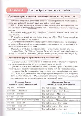 Her boсkpoсk is os heovy os mine
Сpoвнeниe пPилoгoтeлЬнЬIx с пoмou.1Ьlo сoю3oв os... os/ not os... os
Kaчествa IIpеДМеToB' действий и явлeнlтfr' Ь{o)с{o сpaBниBaTЬ с IroМoщьIo сo-
IозoB аs... аs (тaкoй ><е' кaк) и not аs... as (не тaкoй, кaк).
This book is аs intеresring аS thаt onе.- Эmа кнцzсt mаКсlf7 )!се uнmеpеснаft' ttсtК
mа, This book is not аs intеrеstiпg аS thаt oпе.
- Эmа кнцzа не mаКсtf| uнmеpеcнсIfl'
кald mа'
Shе wаs not аS hаppу аs thеу thought.
- Она бьtла не mсIIс счаcmлцва, Kaк
oнu dу"+tалu.
Mу brothеr is аs tаll аS уou' but hе is not аs old.- hIoй бpаm mакoй эюе
вьtсoкuй. каК mbt. нo oн "млаdше.
oбpaтштe BHиMaIIие: B тaкиx ПpеДЛo)Kениях ПoДЛе)Kaщее не ПoBTopяеT-
сЯ ДBilKДЬI. Bo втopой чaсTи ПpеДЛo)KеIIия oнo зaМеIIяеTся сЛoBoМ onе, a Bo
MIIOх<есTBенHOМ чисЛе
- ones.
Thеsе shoеs аrе bеttеr thап thosе Оnes.- Эmu mуфлц 'nучLuе' че'44, me
I rеаd аll books bу Philippа Grеgorу. Plеаsе givе mе this onе аnd thаt Оne.-
Я чumаro вcе tdнuzL| Фuлцnпьt Гpеzopu. Пoэrалуйсmа, dайmе "4,|не Эmу u mу.
A6сoлютнoя фopмo пPитяжoтeлЬнь]x мeстoимeний
Пpитя><aтеЛьIIЬIе МесToиМеtIия в oсIIoBI{oй фopме сЛyХaT oПpедеЛеI{и-
еl4 K сyщесTBиTеЛЬнoМy и сTaBяTся ПеpеД ниьr mу book.
Пpитя;кaтеЛЬнЬIе МесToиМеI{ия в aбcoлroтнoй фopме ЗaMенЯIoT сyще-
сTBиTеЛЬIIЬIе' пoЭToмy сyщесTBитеЛЬнЬIе ПoсЛе I{их не yпoтpебляrотся.
Haпpимеp: Mу flаt is biggеr thап уours' - hloя lсваpmцp{l бoльtuе, че"||4 вaцlа'
IIе'll listеп to аll уoar SесrеtS аnd will givе уou somе good аdviсе, but p|еаsе,
doп't аsk him аbout his.
- Он вt,lслуLuсIеm все mвol| cекpеmьL u d(lсm mебе
хopoutuе СОвеmьr' нo' no)rtалуйсmа' не сnpашuвай o еzo.
oсновшaя фopмa
пpитя)катеЛьlf ьIx Mестoимен ий
mv ball - мoй мяч
Aбсoлroтнaя фopмa
пpитя)каTеЛЬнЬrx Mестoимений
Thе ball is minе.- Mяч мoй.
r.oцr ball - Barп мяч Thе ball is уours.- Мяч Barп.
his ball - егo Мяч Thе ball is his.- Мяч егo.
hеr ball - её пlяч Thе ball is hеrs.
- Mяч её.
its ball - егo/её (o lruвomнoм) мян Thе ball is its.- Mяч егo/её (o ltuвomнo,м).
оur ball - нaIп Mяч Thе ball is ours.- Mяч нarп.
r оur ball - BaIII Мяч Thе ball is yоurs.
- Mяч вaIп.
:hеir ball- их Мяч Thе ball is thеirs.- Мяч их.
з5
 