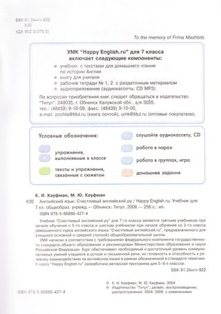 УМK ..Hаppy Еnglish.ru ',
^':^':"::^::"
Frima Mashbits
включаeт слeдyющиe кoMпoнeнтЬl:
;e yнeбник c тeKстaМИ дЛя ДoМaшHeгo ЧтеHИя
пo ИстoрИИ Англии
t1l KHИГУ Д'Ля УчИтeля
; paбoниe тетpaдИ Ns ]
'
2 с paздaТoЧHЬ|M MaтepИaлoМ
: aУДИoпpИЛoжeHИe (ayдиoкaссeты, CD MP3)
Пo вопpoсaм пpиoбpетeния KнИг слetУeт oбpaщaться B И3дaТеЛЬстBo
,Титул'',,249035, п oбнинск Kaлуxскoй oбл.' a/я 5055'
тeл.: (48439) 9.]0-09' фaкс: (48439) 9-10-00'
e-mail: рoсhta@titul.ru (книгa пoнтoЙ)' umk@titu|.ru (oптoвьle пoкyпaтeли).
Услoвньle o6oзнoчeния: слyшoйтe oyдиoкoссeт, сD :
I
po6oтo в пopox
po6oтo в гpyппox/ игpo i
;
дoмoц!нee зoдoниe
yпPoxнeния,
вЬIпoлняeмь|e в клoссe
тeкстЬ| и yг|Poжнeния,
свя3oннЬ|e с сюxeтoм
K. И. Kаyфман, M. Ю. Kаyфмaн
Kзo АнглийcкиЙ яЗьlк: CчaстливьlЙ aнглийскv1Й'pу l Happy Еng|ish.ru: Учeбник для
7 кл. oбщeобpaз. УЧpe)к.ц'- oбнинcк: Титyл, 2008.- 256 c.: ил'
rsBN 978-5-86866-427 -4
Учeбник..CчaстливьtЙ aнглийcкий.pу,, Д,ля7-гo Kлaссa являeтся тpeтЬИM yнeбникoм пpи
нaнaлe oбyяeния c 5-гo KЛaсоa И шeстЬ|N,4 yнeбникoм пpИ HaчaЛe oбунeния оo 2.гo клaсca
3aBepшeннoгo Kypсa aHглИЙсKoгo язЬlKa ''Cчaстливьtй aнглийcкиЙ.ru'', прeдHaзнaчeнHoгo дЛя
УчaщИxся ocHoвHoй и cрeдней (пoлнoЙ) oбщeoбpaзoвaтeльнoЙ шкoльl'
УMK нaпИсaH в cooтвrтcтвиИ c тpебoвaHИяMИ фeдeрaЛЬHoгo кoMпoнeнтa гoсУдaрcтвeннo.
гo сTag.цaртa oбщeгo oбpaзoвaния И peKoМeндoвaн Mинистepствoм oбpaзoвaния
'4
нaуKи
PoоcиЙскoй фeдeрации' Kуpс oбeопeнивaет нeoбxoдимьtй и дoстaтoвнЬIЙ УpoBeнЬ KoMМУнИ.
КaтИBнЬ|Х yмeниЙ yнaщихcя в yстнoЙ и письмeннoЙ peчИ' ИХ гoтoвHoстЬ и спoсoбнoсть к pe-
чeвoMУ в3аИMoдeйотвию нa aнглиЙскoм язЬ|Ke в рaМКaХ oбoзнaчeHНoЙ в стaндapтe тeМaтИKИ'
K куpсy .'Haррy Еnglish.rU'' pазpабoтaнa aвтoрсKaя пpoгpaмМа для 5-9-x KЛaосoв.
ББK B1.2Aнгл-922
o K' И' KayфMaH, M. Ю. Kayфмaн' 2004
o Издaтeльcтвo ..TИтyл'',,цИзaЙн' вocгlpоИзвeдeHИe,
:j". :-:-:-86866-427-4 pacпpoстpaHeнИe'2ОО4;2О08' с ИзМeнeнИяMИ
 