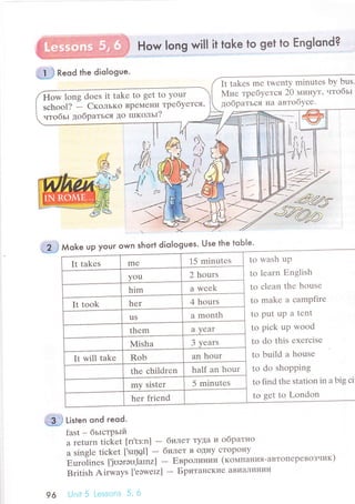 ffi$ кeod the diologue.
How long will it toke to get to Englond?
It takеs mе twеnty minutеs by bus.
Mне тpебyется20 МинyT, .tтoбьl
дoбpaться нa aвтoбусе.
tni :]. ii . lwn short diologues. Use the toЬle.
o 2 ..t Мoke Up your.
-
How long doеs it takе to gеt to your
sсhool? - скoл"кo BpеМеI{и тpебyется'
чтoбьr дoбpaться дo rшкoльr?
It takеs mе 15 minutеs to wash uP
to iеarn Еnglish
to сlеan thе housе
to makе a сampfirе
to put up a tеnt
to piсk up wood
to dо this еxеrсisе
to build a housе
to do shopPing
to find thе station in a big сi
to gеt to London
you 2 hours
him a wееk
It took hеr 4 hours
us a month
thеm a Уеaт
Мisha 3 Уеars
It will takе Rоb an hour
thе сhildrеn half an hour
my sistеr 5 minutеs
hеr friеnd
ffi titt.n ond reod.
fast - бьtстpьrй
a rеturn tiсtеt [ш'tз:n] - билет TyДa и oбpатнo
a singlе tiсkеt ['slцgl] - билет B oДIIy сToрoнy
Еurolinеs [,jоэrэо,larnz]
_ Евpoлинии (кoмпaния-aBToIIеpевoз.Iик)
British Airwaуs ['еэwеrz] - БpитaнсKие aBиaЛиI{ии
l ir-lit 5 Lеs:it.;лз 5, 696
 