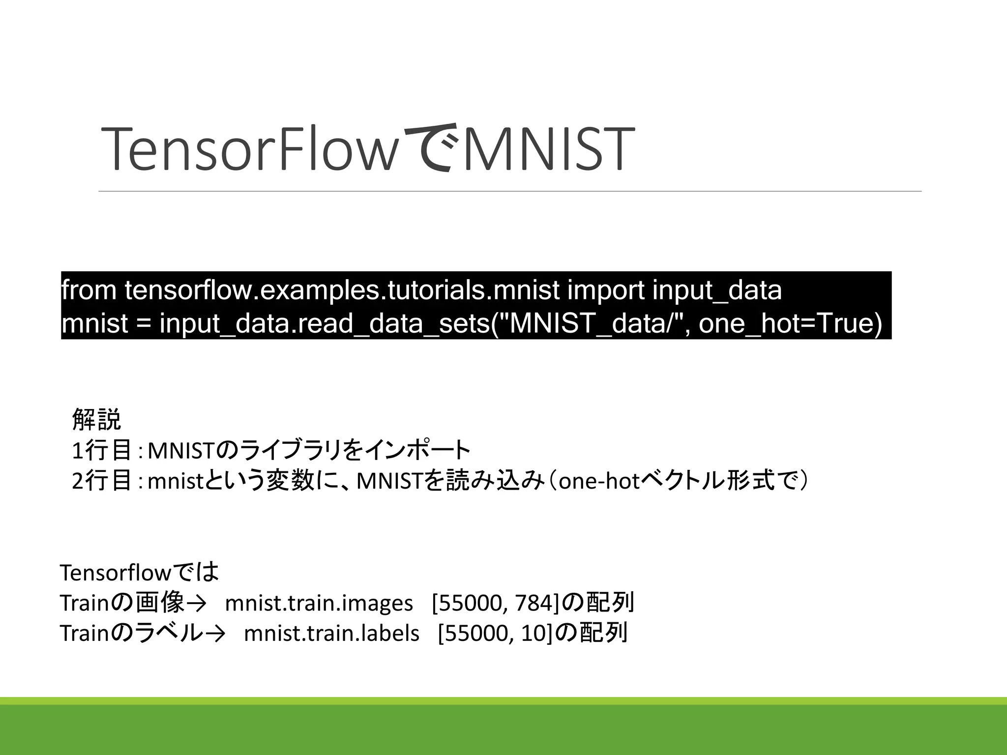 TensorFlowでMNIST
from tensorflow.examples.tutorials.mnist import input_data
mnist = input_data.read_data_sets("MNIST_data/", one_hot=True)
解説
1行目：MNISTのライブラリをインポート
2行目：mnistという変数に、MNISTを読み込み（one-hotベクトル形式で）
Tensorflowでは
Trainの画像→ mnist.train.images [55000, 784]の配列
Trainのラベル→ mnist.train.labels [55000, 10]の配列
 