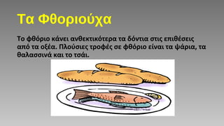 Τα Φθοριούχα
Το φθόριο κάνει ανθεκτικότερα τα δόντια στις επιθέσεις
από τα οξέα. Πλούσιες τροφές σε φθόριο είναι τα ψάρια, τα
θαλασσινά και το τσάι.
 