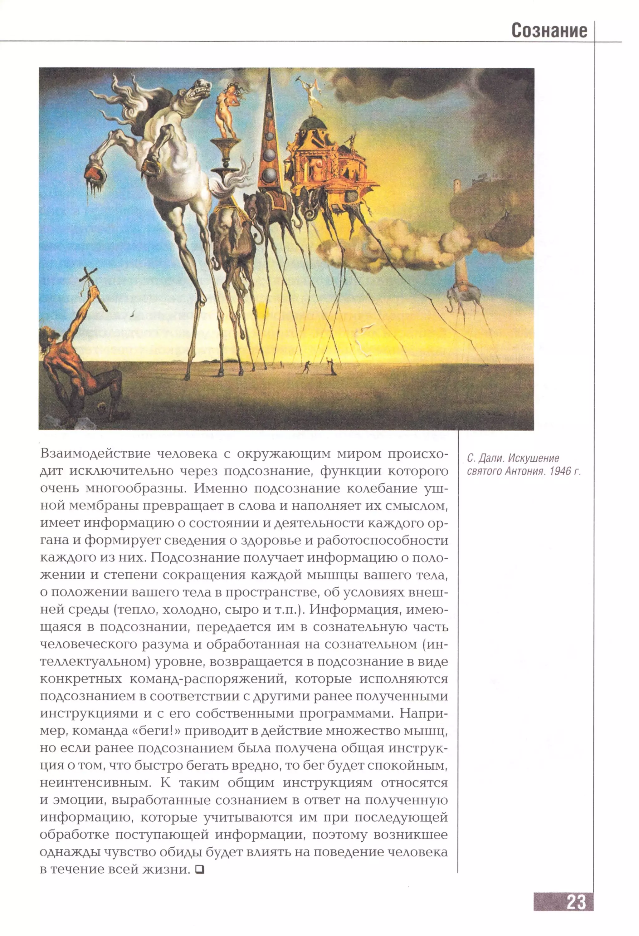 Взаимодействие человека с окружающим миром происхо- с. Дали Искушение
дит исключительно через подсознание, функции которого святого Антония. 1946 г.
очень многообразны. Именно подсознание колебание уш­
ной мембраны превращает в слова и наполняет их смыслом,
имеет информацию о состоянии и деятельности каждого ор­
гана и формирует сведения о здоровье и работоспособности
каждого из них. Подсознание получает информацию о поло­
жении и степени сокращения каждой мышцы вашего тела,
о положении вашего тела в пространстве, об условиях внеш­
ней среды (тепло, холодно, сыро и т.п.). Информация, имею­
щаяся в подсознании, передается им в сознательную часть
человеческого разума и обработанная на сознательном (ин­
теллектуальном) уровне, возвращается в подсознание в виде
конкретных команд-распоряжений, которые исполняются
подсознанием в соответствии с другими ранее полученными
инструкциями и с его собственными программами. Напри­
мер, команда «беги!» приводит в действие множество мышц,
но если ранее подсознанием была получена общая инструк­
ция о том, что быстро бегать вредно, то бег будет спокойным,
неинтенсивным. К таким общим инструкциям относятся
и эмоции, выработанные сознанием в ответ на полученную
информацию, которые учитываются им при последующей
обработке поступающей информации, поэтому возникшее
однажды чувство обиды будет влиять на поведение человека
в течение всей жизни. □
 