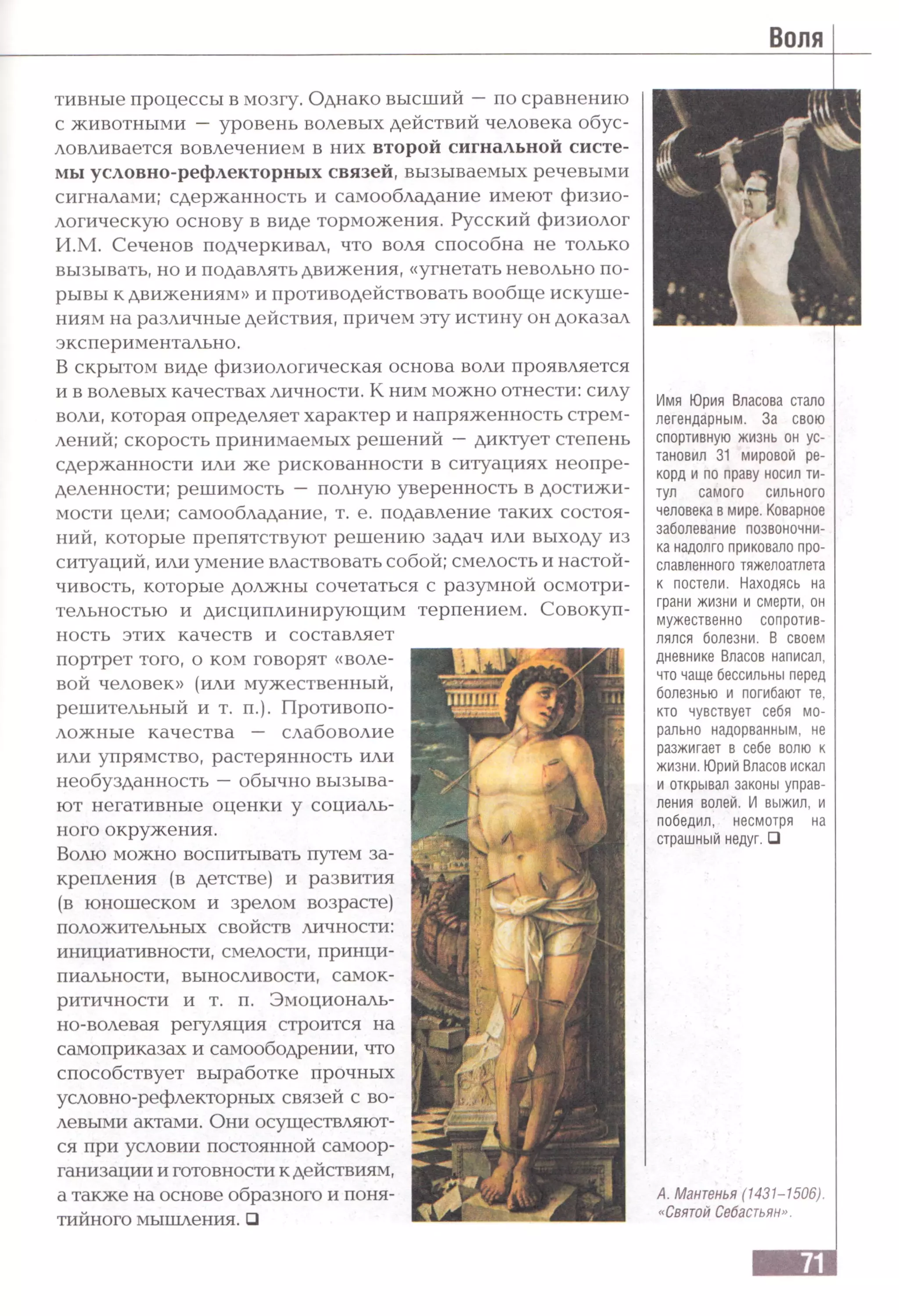 тивные процессы в мозгу. Однако высший —по сравнению
с животными — уровень волевых действий человека обус­
ловливается вовлечением в них второй сигнальной систе­
мы условно-рефлекторных связей, вызываемых речевыми
сигналами; сдержанность и самообладание имеют физио­
логическую основу в виде торможения. Русский физиолог
И.М. Сеченов подчеркивал, что воля способна не только
вызывать, но и подавлять движения, «угнетать невольно по­
рывы к движениям» и противодействовать вообще искуше­
ниям на различные действия, причем эту истину он доказал
экспериментально.
В скрытом виде физиологическая основа воли проявляется
и в волевых качествах личности. К ним можно отнести: силу
воли, которая определяет характер и напряженность стрем­
лений; скорость принимаемых решений —диктует степень
сдержанности или же рискованности в ситуациях неопре­
деленности; решимость — полную уверенность в достижи­
мости цели; самообладание, т. е. подавление таких состоя­
ний, которые препятствуют решению задач или выходу из
ситуаций, или умение властвовать собой; смелость и настой­
чивость, которые должны сочетаться с разумной осмотри­
тельностью и дисциплинирующим терпением. Совокуп­
ность этих качеств и составляет
портрет того, о ком говорят «воле­
вой человек» (или мужественный,
решительный и т. п.). Противопо­
ложные качества — слабоволие
или упрямство, растерянность или
необузданность —обычно вызыва­
ют негативные оценки у социаль­
ного окружения.
Волю можно воспитывать путем за­
крепления (в детстве) и развития
(в юношеском и зрелом возрасте)
положительных свойств личности:
инициативности, смелости, принци­
пиальности, выносливости, самок­
ритичности и т. п. Эмоциональ­
но-волевая регуляция строится на
самоприказах и самоободрении, что
способствует выработке прочных
условно-рефлекторных связей с во­
левыми актами. Они осуществляют­
ся при условии постоянной самоор­
ганизации и готовности к действиям,
а также на основе образного и поня­
тийного мышления. □
Имя Юрия Власова стало
легендарным. За свою
спортивную жизнь он ус­
тановил 31 мировой ре­
корд и по праву носил ти­
тул самого сильного
человека в мире.Коварное
заболевание позвоночни­
ка надолго приковало про­
славленного тяжелоатлета
к постели. Находясь на
грани жизни и смерти, он
мужественно сопротив­
лялся болезни. В своем
дневнике Власов написал,
что чаще бессильны перед
болезнью и погибают те,
кто чувствует себя мо­
рально надорванным, не
разжигает в себе волю к
жизни. Юрий Власов искал
и открывал законы управ­
ления волей. И выжил, и
победил, несмотря на
страшный недуг. □
А. Мантенья (1431-1506).
«Святой Себастьян».
 
