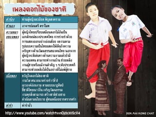 คำร้อง ท่านผู้หญิงละเอียด พิบูลสงคราม
ทำนอง อาจารย์มนตรี ตราโมท
ความหมา
ยของเพลง
ผู้หญิงไทยเปรียบเสมือนดอกไม้อันเป็น
เอกลักษณ์ของประเทศไทย การร่ายรำด้วย
การแสดงออกอย่างอ่อนช้อย งดงามตาม
รูปแบบความเป็นไทยแสดงให้เห็นถึงความ
เจริญทางด้านวัฒนธรรมของคนไทย นอกจาก
ผู้หญิงจะดีเด่นทางด้านความงามแล้วยังมี
ความอดทน สามารถทำงานบ้าน ช่วยเหลือ
งานผู้ชายหรือแม้งานสำคัญ ๆ ระดับประเทศก็
สามารถช่วยเหลือได้เป็นอย่างดีไม่แพ้ผู้ชาย
เนื้อเพลง ขวัญใจดอกไม้ของชาติ
งามวิลาศนวยนาดร่ายรำ (ซ้า)
เอวองค์อ่อนงาม ตามแบบนาฏศิลป์
ชี้ชาติไทยเนาว์ถิ่น เจริญวัฒนธรรม
งามทุกสิ่งสามารถ สร้างชาติช่วยชาย
ดำเนินตามนโยบาย สู้ทนเหนื่อยยากตรากตรำ
ท่ารำ ท่ารำยั่ว
http://www.youtube.com/watch?v=nOjds30ScV4 Dok mai kong chat
 