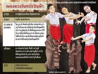 คำร้อง ท่านผู้หญิงละเอียด พิบูลสงคราม
ทำนอง ครูเอื้อ สุนทรสนาน
ความหมาย
ของเพลง
ในเวลาค่าคืนท้องฟ้ามีดวงจันทร์ประจำ
อยู่ ในใจของชายก็มีหญิงอันเป็นสุดที่รัก
ประจำอยู่เช่นกัน สิ่งที่เทิดทูนยกย่องไว้ก็
คือ ชาติไทยที่เป็นเอกราช มีอิสระแก่ตน
ไม่ขึ้นกับใคร และสิ่งที่แนบสนิทอยู่ในใจ
ของชายก็คือหญิงอันเป็นสุดที่รัก
เนื้อเพลง ดวงจันทร์ขวัญฟ้า ชื่นชีวาขวัญพี่
จันทร์ประจำราตรี แต่ขวัญพี่ประจำใจ
ที่เทิดทูนคือชาติ เอกราชอธิปไตย
ถนอมแนบสนิทใน คือขวัญใจพี่เอย
ท่ารำ ท่าช้างประสานงา
ท่าจันทร์ทรงกลดแปลง
http://www.youtube.com/watch?v=e0eFn7nOSeA
Dong Jan Kwan Fa
 