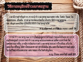 เวลามีงานสำคัญต่างๆ เราจะนำรำวงมาตรฐานมาแสดง เช่น วันพ่อ วันแม่ วัน
ลอยกระทง เป็นต้น เราสามารถจัดบอร์ดเกี่ยวกับประวัติรำวงมาตรฐาน
และ เชิญชวนคนให้มารู้จักเกี่ยวกับรำวงมาตรฐานได้
ด.ญ.ณัฐกานต์ อรรณพ ณ อยุธยา เลขที่ 15
การนำรำวงมาตรฐานมาบรรจุในหลักสูตรการเรียนการสอนก็เป็นแนวทางการ
อนุรักษ์อยู่แล้ว หากการนำรำวงมาตรฐานไปออกแสดงตามที่ต่างๆจะยิ่งทำให้
แพร่หลายมากขึ้น อาจมีการจัดประกวดรำวงมาตรฐานระหว่างโรงเรียน หรือจัด
แสดงในเวทีใหญ่ ให้ชาวไทยและชาวต่างชาติได้เห็น เช่น แสดงในวันสงกรานต์ แสดง
ในวันปีใหม่ หรือแสดงกลางสนามหลวงในวันสำคัญอื่นๆ
ด.ญ.วโรดม เตชศรีสุธี เลขที่ 23
 