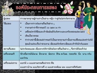 ผู้แสดง รำวงมำตรฐำนผู้ร่ำยรำเป็นชำย–หญิง รำคู่กันไม่จำกัดจำนวน
วิธีแสดง • เป็นกำรรำวงในงำนรื่นเริงต่ำง ๆ
• รำตำมท่ำรำที่กำหนดไว้ 10 เพลง 14 ท่ำ
• เคลื่อนไหวให้มือและเท้ำสัมพันธ์กับจังหวะและบทร้องของแต่ละเพลง
• เดินเป็นวงกลม
• ท่ำรำเหล่ำนี้เพียงแต่กำหนดไว้เป็นมำตรฐำนเท่ำนั้นอำจเปลี่ยนแปลงท่ำไปได้
สุดแล้วแต่จะเห็นว่ำสวยงำม เพียงแต่รักจังหวะมือและเท้ำให้เข้ำกับเพลง
สถำนที่แสดง ไม่จำกัดขอบเขต เนื่องจำกให้รำได้ในโอกำสรื่นเริงต่ำง ๆ จึงรำได้โดยทั่วไป
เครื่องดนตรี ใช้วงปี่พำทย์ไม้นวม มีระนำด ฆ้องวง ปีใน ตะโพน กลองทัด ฉิ่ง ฉำบ กรับ
และโทน
เครื่องแต่งกำย แยกได้ 4 แบบ(ตำมกรมศิลปำกร) คือ
แบบชำวบ้ำน แบบรัชกำลที่ ๕ แบบสำกลนิยม และ แบบรำตรีสโมสร
 