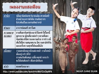 คำร้อง จมื่นมานิตย์นเรศ (นายเฉลิม เศวตนันท์)
หัวหน้ากองการสังคีต กรมศิลปากร
(ประพันธ์ในนามกรมศิลปากร)
ทำนอง อาจารย์มนตรี ตราโมท
ความหมาย
ของเพลง
ยามที่แสงจันทร์ส่องมายังโลกทำให้โลกนี้
ดูสวยงาม ผู้คนที่มาเล่นรำวงยามที่แสง
จันทร์ส่องก็มีความงดงามด้วย การรำวงนี้
เพื่อให้มีความสนุกสนาน มีความสามัคคีกัน
และละทิ้งความทุกข์ให้หมดสิ้นไป
เนื้อเพลง งามแสงเดือนมาเยือนส่องหล้า งามใบหน้า
เมื่ออยู่วงรำ (ซ้า)
เราเล่นกันเพื่อสนุก เปลื้องทุกข์วายระกำ
ขอให้เล่นฟ้อนรำ เพื่อสามัคคีเอย
ท่ารำ สอดสร้อยมาลา
http://www.youtube.com/watch?v=WeYZcCbpW1k Ngam Sang Duan
 