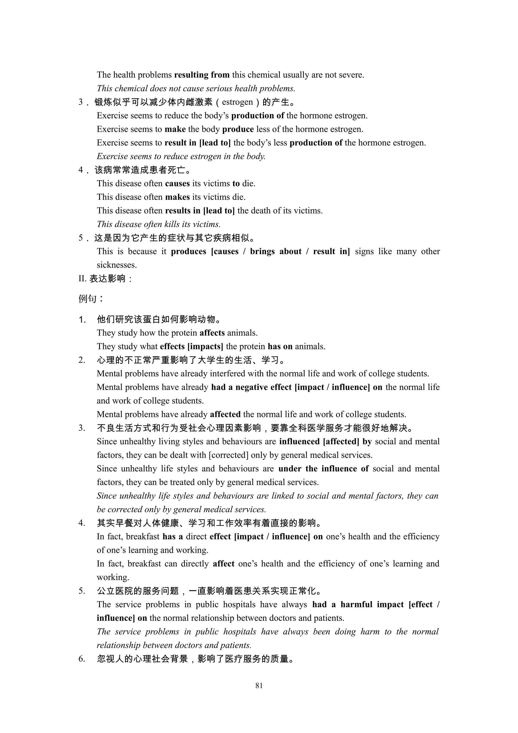 The health problems resulting from this chemical usually are not severe.
This chemical does not cause serious health problems.
3． 锻炼似乎可以减少体内雌激素（estrogen）的产生。
Exercise seems to reduce the body’s production of the hormone estrogen.
Exercise seems to make the body produce less of the hormone estrogen.
Exercise seems to result in [lead to] the body’s less production of the hormone estrogen.
Exercise seems to reduce estrogen in the body.
4． 该病常常造成患者死亡。
This disease often causes its victims to die.
This disease often makes its victims die.
This disease often results in [lead to] the death of its victims.
This disease often kills its victims.
5． 这是因为它产生的症状与其它疾病相似。
This is because it produces [causes / brings about / result in] signs like many other
sicknesses.
II. 表达影响：
例句：
1. 他们研究该蛋白如何影响动物。
They study how the protein affects animals.
They study what effects [impacts] the protein has on animals.
2. 心理的不正常严重影响了大学生的生活、学习。
Mental problems have already interfered with the normal life and work of college students.
Mental problems have already had a negative effect [impact / influence] on the normal life
and work of college students.
Mental problems have already affected the normal life and work of college students.
3. 不良生活方式和行为受社会心理因素影响，要靠全科医学服务才能很好地解决。
Since unhealthy living styles and behaviours are influenced [affected] by social and mental
factors, they can be dealt with [corrected] only by general medical services.
Since unhealthy life styles and behaviours are under the influence of social and mental
factors, they can be treated only by general medical services.
Since unhealthy life styles and behaviours are linked to social and mental factors, they can
be corrected only by general medical services.
4. 其实早餐对人体健康、学习和工作效率有着直接的影响。
In fact, breakfast has a direct effect [impact / influence] on one’s health and the efficiency
of one’s learning and working.
In fact, breakfast can directly affect one’s health and the efficiency of one’s learning and
working.
5. 公立医院的服务问题，一直影响着医患关系实现正常化。
The service problems in public hospitals have always had a harmful impact [effect /
influence] on the normal relationship between doctors and patients.
The service problems in public hospitals have always been doing harm to the normal
relationship between doctors and patients.
6. 忽视人的心理社会背景，影响了医疗服务的质量。
81
 