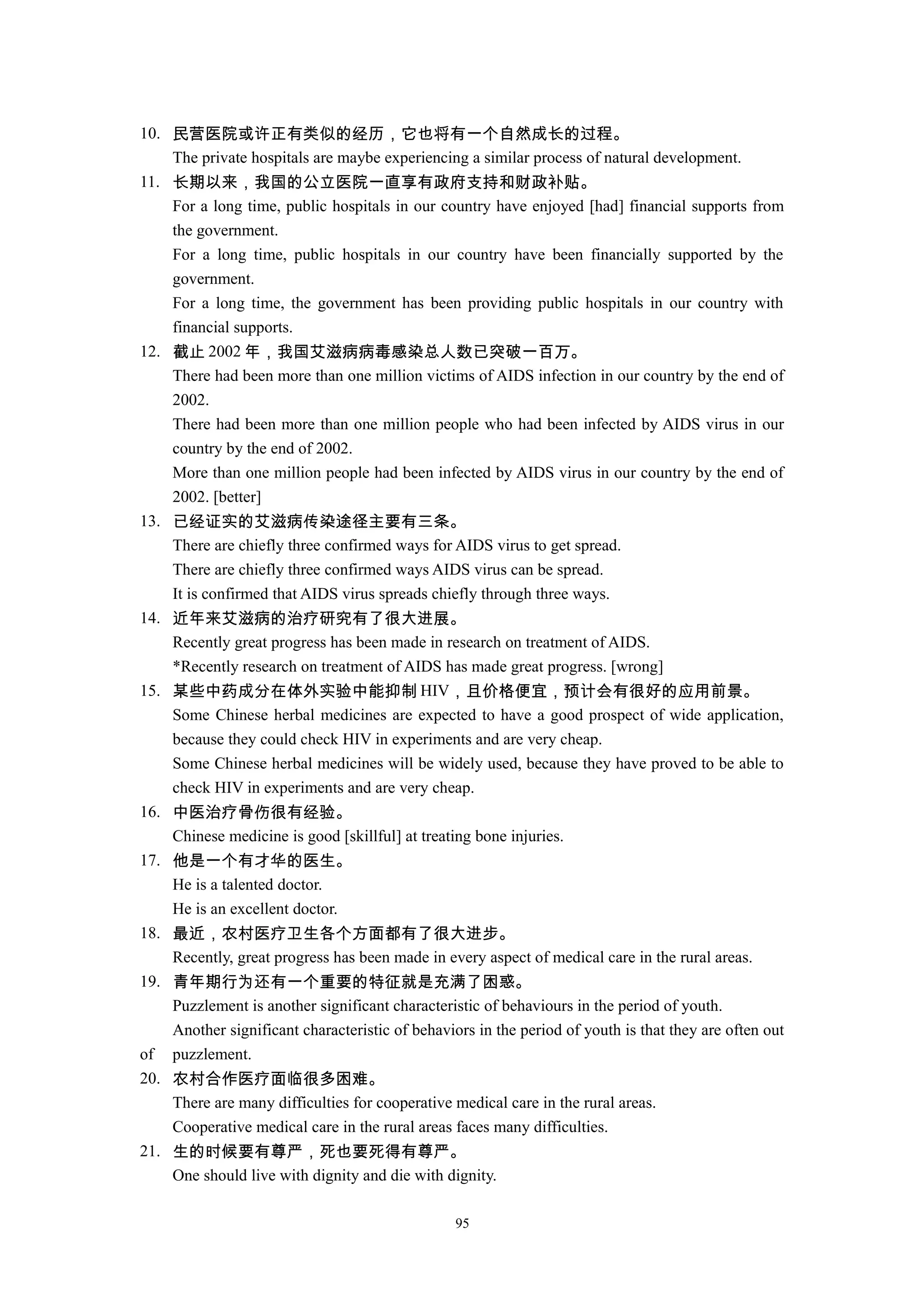 10. 民营医院或许正有类似的经历，它也将有一个自然成长的过程。
The private hospitals are maybe experiencing a similar process of natural development.
11. 长期以来，我国的公立医院一直享有政府支持和财政补贴。
For a long time, public hospitals in our country have enjoyed [had] financial supports from
the government.
For a long time, public hospitals in our country have been financially supported by the
government.
For a long time, the government has been providing public hospitals in our country with
financial supports.
12. 截止 2002 年，我国艾滋病病毒感染总人数已突破一百万。
There had been more than one million victims of AIDS infection in our country by the end of
2002.
There had been more than one million people who had been infected by AIDS virus in our
country by the end of 2002.
More than one million people had been infected by AIDS virus in our country by the end of
2002. [better]
13. 已经证实的艾滋病传染途径主要有三条。
There are chiefly three confirmed ways for AIDS virus to get spread.
There are chiefly three confirmed ways AIDS virus can be spread.
It is confirmed that AIDS virus spreads chiefly through three ways.
14. 近年来艾滋病的治疗研究有了很大进展。
Recently great progress has been made in research on treatment of AIDS.
*Recently research on treatment of AIDS has made great progress. [wrong]
15. 某些中药成分在体外实验中能抑制 HIV，且价格便宜，预计会有很好的应用前景。
Some Chinese herbal medicines are expected to have a good prospect of wide application,
because they could check HIV in experiments and are very cheap.
Some Chinese herbal medicines will be widely used, because they have proved to be able to
check HIV in experiments and are very cheap.
16. 中医治疗骨伤很有经验。
Chinese medicine is good [skillful] at treating bone injuries.
17. 他是一个有才华的医生。
He is a talented doctor.
He is an excellent doctor.
18. 最近，农村医疗卫生各个方面都有了很大进步。
Recently, great progress has been made in every aspect of medical care in the rural areas.
19. 青年期行为还有一个重要的特征就是充满了困惑。
Puzzlement is another significant characteristic of behaviours in the period of youth.
Another significant characteristic of behaviors in the period of youth is that they are often out
of puzzlement.
20. 农村合作医疗面临很多困难。
There are many difficulties for cooperative medical care in the rural areas.
Cooperative medical care in the rural areas faces many difficulties.
21. 生的时候要有尊严，死也要死得有尊严。
One should live with dignity and die with dignity.
95
 
