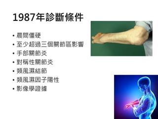 1987年診斷條件
• 晨間僵硬
• 至少超過三個關節區影響
• 手部關節炎
• 對稱性關節炎
• 類風濕結節
• 類風濕因子陽性
• 影像學證據
 