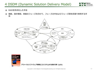 13Copyright &copy; 2016 Bigtree Technology&Consulting Ltd. All Rights Reserved.
 RADを形式化した手法
 機能、設計構築、実装のフェーズを分けて、フェーズの中およびフェーズ間を反復で実現する手
法
4 DSDM (Dynamic Solution Delivery Model)
アジャイルソフトウェア開発エコシステムから図を引用（p253)
 