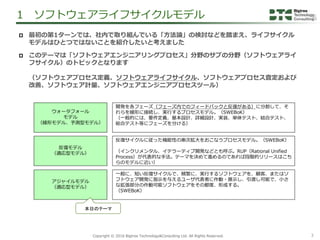 3Copyright &copy; 2016 Bigtree Technology&Consulting Ltd. All Rights Reserved.
 最初の第1ターンでは、社内で取り組んでいる「方法論」の検討などを踏まえ、ライフサイクル
モデルはひとつではないことを紹介したいと考えました
 このテーマは「ソフトウェアエンジニアリングプロセス」分野のサブの分野（ソフトウェアライ
フサイクル）のトピックとなります
（ソフトウェアプロセス定義、ソフトウェアライフサイクル、ソフトウェアプロセス査定および
改善、ソフトウェア計量、ソフトウェアエンジニアプロセスツール）
1 ソフトウェアライフサイクルモデル
ウォータフォール
モデル
（線形モデル、予測型モデル）
開発を各フェーズ（フェーズ内でのフィードバックと反復がある）に分割して、そ
れらを線形に接続し、実行するプロセスモデル。（SWEBoK）
（一般的には、要件定義、基本設計、詳細設計、実装、単体テスト、結合テスト、
総合テスト等にフェーズを分ける）
反復モデル
（適応型モデル）
反復サイクルに従った機能性の漸次拡大をおこなうプロセスモデル。（SWEBoK）
（インクリメンタル、イテラーティブ開発などとも呼ぶ。RUP（Rational Unified
Process）が代表的な手法。テーマを決めて進めるのであれば段階的リリースはこち
らのモデルに近い）
アジャイルモデル
（適応型モデル）
一般に、短い反復サイクルで、頻繁に、実行するソフトウェアを、顧客、またはソ
フトウェア開発に指示を与えるユーザ代表者に作動・展示し、引渡し可能で、小さ
な拡張部分の作動可能ソフトウェアをその都度、形成する。
（SWEBoK）
本日のテーマ
 
