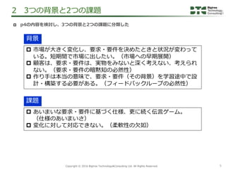 5Copyright &copy; 2016 Bigtree Technology&Consulting Ltd. All Rights Reserved.
2 3つの背景と2つの課題
 市場が大きく変化し、要求・要件を決めたときと状況が変わって
いる。短期間で市場に出したい。（市場への早期展開）
 顧客は、要求・要件は、実物をみないと深く考えない、考えられ
ない。（要求・要件の暗黙知の必然性）
 作り手は本当の意味で、要求・要件（その背景）を学習途中で設
計・構築する必要がある。（フィードバックループの必然性）
 あいまいな要求・要件に基づく仕様、更に続く伝言ゲーム。
（仕様のあいまいさ）
 変化に対して対応できない。（柔軟性の欠如）
 p4の内容を検討し、3つの背景と2つの課題に分類した
背景
課題
 