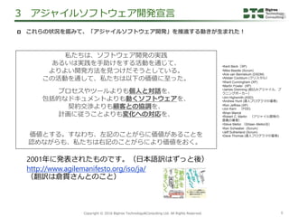 6Copyright &copy; 2016 Bigtree Technology&Consulting Ltd. All Rights Reserved.
私たちは、ソフトウェア開発の実践
あるいは実践を手助けをする活動を通じて、
よりよい開発方法を見つけだそうとしている。
この活動を通して、私たちは以下の価値に至った。
プロセスやツールよりも個人と対話を、
包括的なドキュメントよりも動くソフトウェアを、
契約交渉よりも顧客との協調を、
計画に従うことよりも変化への対応を、
価値とする。すなわち、左記のことがらに価値があることを
認めながらも、私たちは右記のことがらにより価値をおく。
3 アジャイルソフトウェア開発宣言
2001年に発表されたものです。（日本語訳はずっと後）
http://www.agilemanifesto.org/iso/ja/
（翻訳は倉貫さんとのこと）
&bull;Kent Beck（XP)
&bull;Mike Beedle (Scrum)
&bull;Arie van Bennekum (DSDM)
&bull;Alistair Cockburn (クリスタル）
&bull;Ward Cunningham (XP)
&bull;Martin Fowler (XP)
&bull;James Grenning (組込みアジャイル、プ
ラニングポーカー）
&bull;Jim Highsmith (ASD)
&bull;Andrew Hunt (達人プログラマの著者)
&bull;Ron Jeffries (XP)
&bull;Jon Kern （FDD)
&bull;Brian Marick
&bull;Robert C. Martin （アジャイル開発の
奥義の著者）
&bull;Steve Mellor （Shlaer&ndash;Mellor法）
&bull;Ken Schwaber (Scrum)
&bull;Jeff Sutherland (Scrum)
&bull;Dave Thomas (達人プログラマの著者)
 これらの状況を鑑みて、「アジャイルソフトウェア開発」を推進する動きが生まれた！
 