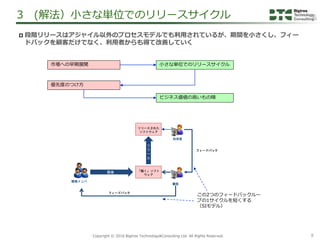 8Copyright &copy; 2016 Bigtree Technology&Consulting Ltd. All Rights Reserved.
 段階リリースはアジャイル以外のプロセスモデルでも利用されているが、期間を小さくし、フィー
ドバックを顧客だけでなく、利用者からも得て改善していく
3 (解法）小さな単位でのリリースサイクル
市場への早期展開 小さな単位でのリリースサイクル
優先度のつけ方
ビジネス価値の高いもの順
フィードバック
「動く」ソフト
ウェア
開発
顧客
開発メンバ
この2つのフィードバックルー
プの1サイクルを短くする
（SIモデル）
リリースされた
ソフトウェア
利用者
リ
リ
ー
ス
フィードバック
 