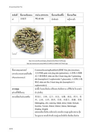 ข้อมูลสมุนไพรจีน
104
ลําดับที่ ชื่อภาษาจีนกลาง คําอ่าน (PINYIN) ชื่อภาษาจีนแต้จิ๋ว ชื่อภาษาไทย
87 木贼草 Mù zé cǎo บักชักเช่า หญ้าหางม้า
http://www.tcm100.com/Images_ZhongYaoXue/Muzei-YinPian.jpg
http://pic.wenwen.soso.com/p/20091215/20091215140045-1657794227.jpg
ชื่อทางพฤกษศาสตร์
[สารประกอบทางเคมีในพืช
(Phytochemistry)]
CommonScouringRushHerb [烟碱 Yān jiǎn (nicotine),
犬问荆碱 quǎn wèn jīng jiǎn (palustrine), 山柰酚-3-槐糖
甙-7-葡萄糖甙 shān nài fēn-3-huái táng dài-7-pútáotáng
dài (kaempferol-3-sophoroside-7-glucoside), 山柰酚-3-槐
糖甙 shān nài fēn-3-huái táng dài (kaempferol-3-
sophoroside) ]
สรรพคุณ
[ส่วนที่ใช้เป็นยา]
ฆ่าเชื้อ โรคสะเก็ดเงิน แก้อักเสบ ขับปัสสาวะ แก้ไข้หวัด ไอ ตาพร่า
มัว [ลําต้น]
สถานที่พบในประเทศจีน 黑龙江、吉林、辽宁、河北、安徽、湖北、四川、贵
州、云南、山西、陕西、甘肃、内蒙古、新疆、青海
Hēilóngjiāng, Jílín, Liáoníng, Héběi, ānhuī, Húběi, Sìchuān,
Guìzhōu, Yúnnán, Shānxī, Shǎnxī, Gānsù, Nèiménggǔ,
Xīnjiāng, Gīnghǎi
เฮยหลงเจียง จี๋หลิน เหลียวหนิง เหอเป่ย อานฮุย หูเป่ย เสฉวน กุ้ย
โจว ยูนนาน ซานซี ส่านซี กานซู่ มองโกเลียใน ซินเจียง ชิงห่าย
 