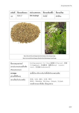ข้อมูลสมุนไพรจีน
119
ลําดับที่ ชื่อภาษาจีนกลาง คําอ่าน (PINYIN) ชื่อภาษาจีนแต้จิ๋ว ชื่อภาษาไทย
102 蛇床子 Shé chuángzi จั่วฉึ่งจี้ ผักชีล้อม
http://cdn.tcmwiki.com/image/s/post-she-chuang-zi/she-chuang-zi2.jpg
http://www.tcm100.com/Images_ZhongYaoXue/Shechuangzi-YuanTai.jpg
ชื่อทางพฤกษศาสตร์
[สารประกอบทางเคมีในพืช
(Phytochemistry)]
Cnidium monnieri（L.）Cuss [蒎烯(l-Pine-ne)、莰烯
(l-Camphene)、异成酸龙 脑酯(Bornyl isovale-
rate)、异龙脑(Isoborneol)]
สรรพคุณ
[ส่วนที่ใช้เป็นยา]
ฆ่าเชื้อโรค แก้อาการคัน อับชื้นที่อวัยวะเพศ [เมล็ด]
สถานที่พบในประเทศจีน 河北、山东、浙江、江苏、四川
Héběi, Shāndōng, Zhèjiāng, Jiāngsū, Sìchuān
เหอเป่ย ซานตง เจ้อเจียง เจียงซู เสฉวน
 