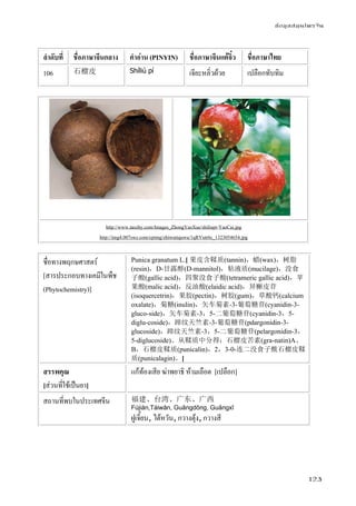 ข้อมูลสมุนไพรจีน
123
ลําดับที่ ชื่อภาษาจีนกลาง คําอ่าน (PINYIN) ชื่อภาษาจีนแต้จิ๋ว ชื่อภาษาไทย
106 石榴皮 Shíliú pí เจียะหลิ่วผ้วย เปลือกทับทิม
http://www.taozhy.com/Images_ZhongYaoXue/shiliupi-YaoCai.jpg
http://img4.007swz.com/cpimg/zhiwutiquwu/1qRVutr6c_1323054654.jpg
ชื่อทางพฤกษศาสตร์
[สารประกอบทางเคมีในพืช
(Phytochemistry)]
Punica granatum L.[ 果皮含鞣质(tannin)，蜡(wax)，树脂
(resin)，D-甘露醇(D-mannitol)，粘液质(mucilage)，没食
子酸(gallic acid)，四聚没食子酸(tetrameric gallic acid)，苹
果酸(malic acid)，反油酸(elaidic acid)，异槲皮苷
(isoquercetrin)，果胶(pectin)，树胶(gum)，草酸钙(calcium
oxalate)，菊糖(inulin)，矢车菊素-3-葡萄糖苷(cyanidin-3-
gluco-side)，矢车菊素-3，5-二葡萄糖苷(cyanidin-3，5-
diglu-coside)，蹄纹天竺素-3-葡萄糖苷(pdargonidin-3-
glucoside)，蹄纹天竺素-3，5-二葡萄糖苷(pelargonidin-3，
5-diglucoside)。从鞣质中分得：石榴皮苦素(gra-natin)A、
B，石榴皮鞣质(punicalin)，2，3-0-连二没食子酰石榴皮鞣
质(punicalagin)。]
สรรพคุณ
[ส่วนที่ใช้เป็นยา]
แก้ท้องเสีย ฆ่าพยาธิ ห้ามเลือด [เปลือก]
สถานที่พบในประเทศจีน 福建、台湾、广东、广西
Fújiàn,Táiwān, Guǎngdōng, Guǎngxī
ฝูเจี้ยน, ไต้หวัน, กวางตุ้ง, กวางสี
 