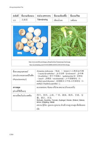 ข้อมูลสมุนไพรจีน
130
ลําดับที่ ชื่อภาษาจีนกลาง คําอ่าน (PINYIN) ชื่อภาษาจีนแต้จิ๋ว ชื่อภาษาไทย
113 天南星 Tiānnánxīng เทียนน่ําแซ วงศ์บอน
http://www.tcm100.com/Images_ZhongYaoXue/Tiannanxing-YaoCai.jpg
http://a2.att.hudong.com/47/45/01300001369395135951457441164.jpg
ชื่อทางพฤกษศาสตร์
[สารประกอบทางเคมีในพืช
(Phytochemistry)]
Arisaema erubcscens （Wall．） Schott [ 1-乙酰基-β-咔啉
（l-acetyl-β-carboline）, β-谷甾醇（β-sitosterol）, β-咔啉
（β-carboline）掌叶半夏碱乙（pedatisectine B）尿嘧啶
（uracil）,菸酰胺（nicotinamide）,5-甲基脲嘧啶（5-
methyl-uracil,thymine）,棕榈酸及 2-甲基-3-羟基吡啶（2-
methyl-3-hydroxy-pyridne）]
สรรพคุณ
[ส่วนที่ใช้เป็นยา]
ละลายเสมหะ ขับลม แก้ปวด ลดบวม [หัวและเหง้า]
สถานที่พบในประเทศจีน 四川、贵州、云南、广西、湖南、陕西、甘肃、安
徽、浙江、河北
Sìchuān, Guìzhōu, Yúnnán, Guǎngxī, Húnán, Shǎnxī, Gānsù,
ānhuī, Zhèjiāng, Héběi
เสฉวน กุ้ยโจว ยูนนาน หูหนาน ส่านซี กานซู อานฮุย เจ้อเจียงเหอ
เป่ย
 
