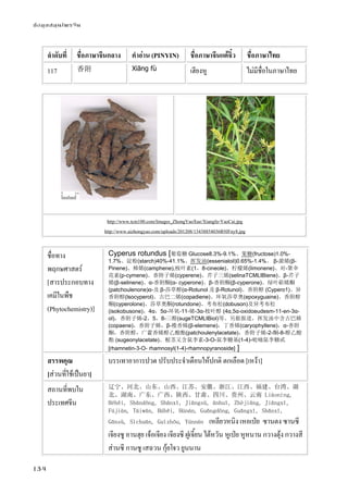 ข้อมูลสมุนไพรจีน
134
ลําดับที่ ชื่อภาษาจีนกลาง คําอ่าน (PINYIN) ชื่อภาษาจีนแต้จิ๋ว ชื่อภาษาไทย
117 香附 Xiāng fù เฮียงหู ไม่มีชื่อในภาษาไทย
http://www.tcm100.com/Images_ZhongYaoXue/Xiangfu-YaoCai.jpg
http://www.aizhongyao.com/uploads/201208/13438854036R9JFny8.jpg
ชื่อทาง
พฤกษศาสตร์
[สารประกอบทาง
เคมีในพืช
(Phytochemistry)]
Cyperus rotundus [葡萄糖 Glucose8.3%-9.1%、果糖(fructose)1.0%-
1.7%、淀粉(starch)40%-41.1%、挥发油(essenialoil)0.65%-1.4%。 β-蒎烯(β-
Pinene)、樟烯(camphene),桉叶素(1，8-cineole)、柠檬烯(limonene)、对-聚伞
花素(p-cymene)、香附子烯(cyperene)、芹子三烯(selinaTCMLIBiene)、β-芹子
烯(β-selinene)、α-香附酮(α- cyperone)、β-香附酮(β-cyperone)。绿叶萜烯酮
(patchoulenone)α-及 β-莎草醇(α-Rotunol 及 β-Rotunol)、香附醇 (Cypero1)、异
香附醇(lsocyperol)、古巴二烯(copadiene)、环氧莎草奥(epoxyguaine)、香附醇
酮(cyperolone)、莎草奥酮(rotundone)、考布松(dobuson)及异考布松
(isokobusone)，4α，5α-环氧-11-烯-3α-桉叶醇 (4α,5α-oxidoeudesm-11-en-3α-
ol)，香附子烯-2，5，8-三醇(sugeTCMLIBiol)等。另据报道，挥发油中含古巴烯
(copaene)，香附子烯，β-榄香烯(β-elemene)，丁香烯(caryophyllene)，α-香附
酮，香附醇，广藿香烯醇乙酸酯(patchoulenylacetate)，香附子烯-2-酮-8-醇乙酸
酯 (sugeonylacetate)。根茎又含鼠李素-3-O-鼠李糖基(1-4)-吡喃鼠李糖甙
[rhamnetin-3-O- rhamnosyl(1-4)-rhamnopyranoside] ]
สรรพคุณ
[ส่วนที่ใช้เป็นยา]
บรรเทาอาการปวด ปรับประจําเดือนให้ปกติ ตกเลือด [เหง้า]
สถานที่พบใน
ประเทศจีน
辽宁、河北、山东、山西、江苏、安徽、浙江、江西、福建、台湾、湖
北、湖南、广东、广西、陕西、甘肃、四川、贵州、云南 Liáoníng,
Héběi, Shāndōng, Shānxī, Jiāngsū, ānhuī, Zhèjiāng, Jiāngxī,
Fújiàn, Táiwān, Húběi, Húnán, Guǎngdōng, Guǎngxī, Shǎnxī,
Gānsù, Sìchuān, Guìzhōu, Yúnnán เหลียวหนิง เหอเป่ย ซานตง ซานซี
เจียงซู อานฮุย เจ้อเจียง เจียงซี ฝูเจี้ยน ไต้หวัน หูเป่ย หูหนาน กวางตุ้ง กวางสี
ส่านซี กานซู เสฉวน กุ้ยโจว ยูนนาน
 