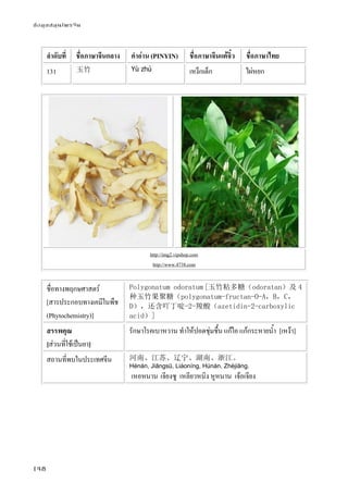 ข้อมูลสมุนไพรจีน
148
ลําดับที่ ชื่อภาษาจีนกลาง คําอ่าน (PINYIN) ชื่อภาษาจีนแต้จิ๋ว ชื่อภาษาไทย
131 玉竹 Yù zhú เหง็กเต็ก ไผ่หยก
http://img2.vipshop.com
http://www.4738.com
ชื่อทางพฤกษศาสตร์
[สารประกอบทางเคมีในพืช
(Phytochemistry)]
Polygonatum odoratum [玉竹粘多糖（odoratan）及 4
种玉竹果聚糖（polygonatum-fructan-O-A，B，C，
D），还含吖丁啶-2-羧酸（azetidin-2-carboxylic
acid）]
สรรพคุณ
[ส่วนที่ใช้เป็นยา]
รักษาโรคเบาหวาน ทําให้ปอดชุ่มชื้น แก้ไอ แก้กระหายน้ํา [เหง้า]
สถานที่พบในประเทศจีน 河南、江苏、辽宁、湖南、浙江。
Hénán, Jiāngsū, Liáoníng, Húnán, Zhèjiāng.
เหอหนาน เจียงซู เหลียวหนิง หูหนาน เจ้อเจียง
 