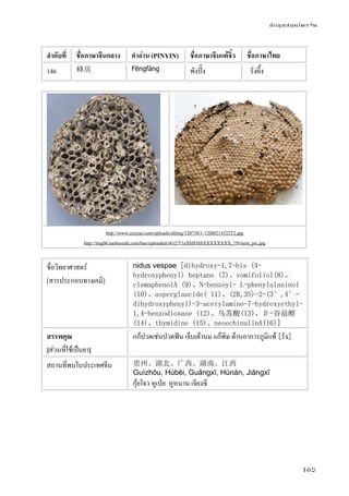 ข้อมูลสมุนไพรจีน
165
ลําดับที่ ชื่อภาษาจีนกลาง คําอ่าน (PINYIN) ชื่อภาษาจีนแต้จิ๋ว ชื่อภาษาไทย
146 蜂房 Fēngfáng พังปั๊ง รังผึ้ง
http://www.cnzyao.com/uploads/allimg/120730/1-120I0214322T2.jpg
http://img06.taobaocdn.com/bao/uploaded/i4/i2/T1aX0JFthSXXXXXXXX_!!0-item_pic.jpg
ชื่อวิทยาศาสตร์
[สารประกอบทางเคมี]
nidus vespae [dihydroxy-1,7-bis (4-
hydroxyphenyl) heptane (7)、vomifoliol(8)、
clemaphenolA (9)、N-benzoyl- L-phenylalaninol
(10)、asperglaucide( 11)、(2R,3S)-2-(3′,4′-
dihydroxyphenyl)-3-acetylamino-7-hydroxyethyl-
1,4-benzodioxane (12)、乌苏酸(13)、β-谷甾醇
(14)、thymidine (15)、neoechinulinA(16)]
สรรพคุณ
[ส่วนที่ใช้เป็นยา]
แก้ปวดเช่นปวดฟัน เจ็บเต้านม แก้พิษ ต้านอาการภูมิแพ้ [รัง]
สถานที่พบในประเทศจีน 贵州、湖北、广西、湖南、江西
Guìzhōu, Húběi, Guǎngxī, Húnán, Jiāngxī
กุ้ยโจว หูเป่ย หูหนาน เจียงซี
 