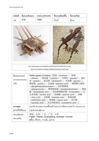ข้อมูลสมุนไพรจีน
168
ลําดับที่ ชื่อภาษาจีนกลาง คําอ่าน (PINYIN) ชื่อภาษาจีนแต้จิ๋ว ชื่อภาษาไทย
149 蛤蚧 Géjiè กั๊บแก้ ตุ๊กแก
http://nanke.qeqeqe.com/UploadFiles_2695/201301/2013010814431763.jpg
http://www.tcm100.com/Images_ZhongYaoXue/Gejie-YuanTai.jpg
ชื่อวิทยาศาสตร์
[สารประกอบทาง
เคมี]
Oekko gecko Linnaeus [肌肽（carnosine），胆碱
（choline），肉毒碱（carnitine），鸟嘌呤（guanine），蛋白
质（protein），胆甾醇（cholesterol）；甘氨酸（glycine），
脯氨酸（proline），谷氨酸（glutamic acid），磷脂酰乙醇胺
（phosphatidylethanolamine），神经鞘磷脂
（sphingomyelin），磷脂酰胆碱（phosphatidylcholine），磷脂
酸（phosphatidic acid），溶血磷脂酰胆碱（lysolecithin），以
及亚油酸（linoleic acid），棕榈酸（palmitic acid），油酸
（oleic acid），亚麻酸（linolenic acid），棕榈油酸
（palmitoleic acid），硬脂酸（stearic acid），花生酸
（arachidic acid），花生四烯要到（arachidonic acid）]
สรรพคุณ
[ส่วนที่ใช้เป็นยา]
บํารุงไต บํารุงปอด บํารุงเชื้ออสุจิ รักษาอาการปัสสาวะบ่อย ไอ และเบาหวาน
[ ทุกส่วนของตุ๊กแก]
สถานที่พบใน
ประเทศจีน
福建、台湾、广东、广西、云南
Fújiàn, Táiwān, Guǎngdōng, Guǎngxī, Yúnnán
ฝูเจี้ยน, ไต้หวัน, กวางตุ้ง, ยูนนาน
 