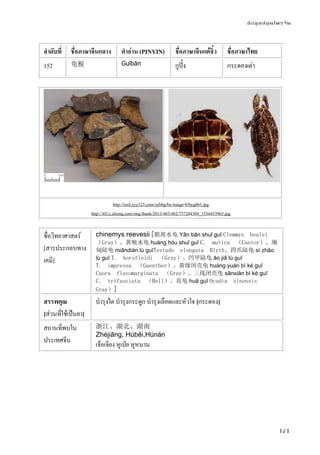 ข้อมูลสมุนไพรจีน
171
ลําดับที่ ชื่อภาษาจีนกลาง คําอ่าน (PINYIN) ชื่อภาษาจีนแต้จิ๋ว ชื่อภาษาไทย
152 龟板 Guībǎn กูปั้ง กระดองเต่า
http://tool.zyy123.com/zybbg/bx/image-b/bygbb1.jpg
http://i02.c.aliimg.com/img/ibank/2013/403/482/737284304_1536453965.jpg
ชื่อวิทยาศาสตร์
[สารประกอบทาง
เคมี]
chinemys reevesii [眼斑水龟 Yǎn bān shuǐ guī Clemmys bealei
（Gray）、黄喉水龟 huáng hóu shuǐ guī C. mutica （Cantor）、缅
甸陆龟 miǎndiàn lù guīTestudo elongata Blyth、四爪陆龟 sì zhǎo
lù guī T. horsfieldi （Gray）、凹甲陆龟 āo jiǎ lù guī
T. impressa （Guenther）、黄缘闭壳龟 huáng yuán bì ké guī
Cuora flavomarginata （Gray）、三线闭壳龟 sānxiàn bì ké guī
C. trifasciata （Bell）、花龟 huā guī Ocadia sinensis
Gray）]
สรรพคุณ
[ส่วนที่ใช้เป็นยา]
บํารุงไต บํารุงกระดูก บํารุงเลือดและหัวใจ [กระดอง]
สถานที่พบใน
ประเทศจีน
浙江、湖北、湖南
Zhèjiāng, Húběi,Húnán
เจ้อเจียง หูเป่ย หูหนาน
 