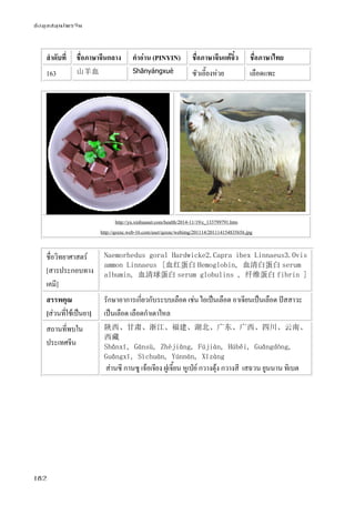 ข้อมูลสมุนไพรจีน
182
ลําดับที่ ชื่อภาษาจีนกลาง คําอ่าน (PINYIN) ชื่อภาษาจีนแต้จิ๋ว ชื่อภาษาไทย
163 山羊血 Shānyángxuè ซัวเอี๊ยงห่วย เลือดแพะ
http://yn.xinhuanet.com/health/2014-11/19/c_133799791.htm
http://qsxnc.web-16.com/user/qsxnc/webimg/201114/201114154835656.jpg
ชื่อวิทยาศาสตร์
[สารประกอบทาง
เคมี]
Naemorhedus goral Hardwicke2.Capra ibex Linnaeus3.Ovis
ammon Linnaeus [血红蛋白 Hemoglobin, 血清白蛋白 serum
albumin, 血清球蛋白 serum globulins , 纤维蛋白 fibrin ]
สรรพคุณ
[ส่วนที่ใช้เป็นยา]
รักษาอาการเกี่ยวกับระบบเลือด เช่น ไอเป็นเลือด อาเจียนเป็นเลือด ปัสสาวะ
เป็นเลือด เลือดกําเดาไหล
สถานที่พบใน
ประเทศจีน
陕西、甘肃、浙江、福建、湖北、广东、广西、四川、云南、
西藏
Shǎnxī, Gānsù, Zhèjiāng, Fújiàn, Húběi, Guǎngdōng,
Guǎngxī, Sìchuān, Yúnnán, Xīzàng
ส่านซี กานซู เจ้อเจียง ฝูเจี้ยน หูเป่ย์ กวางตุ้ง กวางสี เสฉวน ยูนนาน ทิเบต
 