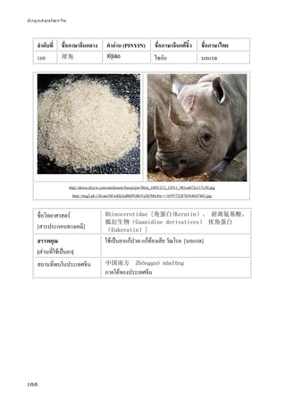 ข้อมูลสมุนไพรจีน
188
ลําดับที่ ชื่อภาษาจีนกลาง คําอ่าน (PINYIN) ชื่อภาษาจีนแต้จิ๋ว ชื่อภาษาไทย
169 犀角 Xījiǎo ไซกัก นอแรด
http://down.jbzyw.com/attchment/forum/pw/Mon_1005/213_12911_981ca072e117c30.jpg
http://img2.ph.126.net/M-mDjAsBbtPGBsYnXFMw8w==/6597722876564647403.jpg
ชื่อวิทยาศาสตร์
[สารประกอบทางเคมี]
Rhinocerotidae [角蛋白(Keratin）。 游离氨基酸、
胍衍生物（Guanidine derivatives） 优角蛋白
（Eukeratin）]
สรรพคุณ
[ส่วนที่ใช้เป็นยา]
ใช้เป็นยาแก้ปวด แก้ท้องเสีย วัณโรค [นอแรด]
สถานที่พบในประเทศจีน 中国南方 Zhōngguó nánfāng
ภาคใต้ของประเทศจีน
 