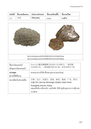 ข้อมูลสมุนไพรจีน
197
ลําดับที่ ชื่อภาษาจีนกลาง คําอ่าน (PINYIN) ชื่อภาษาจีนแต้จิ๋ว ชื่อภาษาไทย
177 空青 Kōng qīng คงแช อะซูไรต์
http://a2.att.hudong.com/06/56/01300000180919121631560683918.jpg
http://a2.att.hudong.com/26/55/01300000180919121631556637000.jpg
ชื่อทางวิทยาศาสตร์
[ข้อมูลทางวิทยาศาสตร์]
Azurite[碱式碳酸铜[2CuCO3·Cu(OH)2]。 氧化铜
(CuO)69.2%，二氧化碳(CO2)25.6%，水分(H2O)5.2%]
สรรพคุณ
[ส่วนที่ใช้เป็นยา]
ตาแดงบวม หน้ามืด เป็นลม หูหนวก [ผงแร่ธาตุ]
สถานที่พบในประเทศจีน 吉林、辽宁、内蒙古、青海、湖北、湖南、广东、四川、
西藏 Jílín, Liáoníng, Nèiménggǔ, Qīnghǎi, Húběi, Húnán,
Guǎngdōng, Sìchuān, Xīzàng
มณฑลจี๋หลิน เหลียวหนิง มองโกเลีย ชิงไห่ หูเป่ย หูหนาน กวางตุ้ง เสฉ
วน ทิเบต
 