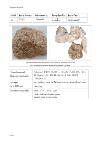 ข้อมูลสมุนไพรจีน
200
ลําดับที่ ชื่อภาษาจีนกลาง คําอ่าน (PINYIN) ชื่อภาษาจีนแต้จิ๋ว ชื่อภาษาไทย
180 炉甘石 Lú gān shí โลวกําเจี๊ยะ หินย้อยหงอนไก่
http://i04.c.aliimg.com/img/ibank/2014/087/943/1700349780_366856050.150x150.jpg
http://www.tcm100.com/Images_ZhongYaoXue/Luganshi-YaoCai.jpg
ชื่อทางวิทยาศาสตร์
[ข้อมูลทางวิทยาศาสตร์]
Calamine[碳酸锌（ZnCO3），氧化钙（CaO)0.27%，氧化
镁（MgO)0.45%，氧化铁（Fe2O3)0.58%，氧化锰
（MnO)0.01%]
สรรพคุณ
[ส่วนที่ใช้เป็นยา]
ยาระบายอ่อนๆ และช่วยทําให้ชุ่มคอ รักษาอาการคันตามผิวหนัง กลาก
[ผงแร่ธาตุ]
สถานที่พบในประเทศจีน 湖南、广西、四川、云南
Húnán, guǎngxī, sìchuān, yúnnán
มณฑลหูหนาน เสฉวน ยูนนาน
 