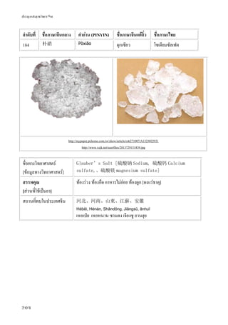 ข้อมูลสมุนไพรจีน
204
ลําดับที่ ชื่อภาษาจีนกลาง คําอ่าน (PINYIN) ชื่อภาษาจีนแต้จิ๋ว ชื่อภาษาไทย
184 朴硝 Pòxiāo ผุกเซียว โซเดียมซัลเฟต
http://mypaper.pchome.com.tw/show/article/csk271007/A1323022931
http://www.xsjk.net/userfiles/2013729151839.jpg
ชื่อทางวิทยาศาสตร์
[ข้อมูลทางวิทยาศาสตร์]
Glauber’s Salt [硫酸钠 Sodium, 硫酸钙 Calcium
sulfate,、硫酸镁 magnesium sulfate]
สรรพคุณ
[ส่วนที่ใช้เป็นยา]
ท้องร่วง ท้องอืด อาหารไม่ย่อย ท้องผูก [ผงแร่ธาตุ]
สถานที่พบในประเทศจีน 河北、河南、山東、江蘇、安徽
Héběi, Hénán, Shāndōng, Jiāngsū, ānhuī
เหอเป่ย เหอหนาน ซานตง เจียงซู อานฮุย
 