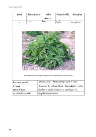ข้อมูลสมุนไพรจีน
18
ลําดับที่ ชื่อภาษาจีนกลาง คําอ่าน
(PINYIN)
ชื่อภาษาจีนแต้จิ๋ว ชื่อภาษาไทย
1 艾叶 Àiyè ไอเฮี๊ยะ โกฐจุฬาลําพา
http://i00.c.aliimg.com/blog/upload/2009/05/11/b89c756aa1bebdb655eac5386fb7a5a9.jpg
ชื่อทางพฤกษศาสตร์ Artemisia argyi / Artemisia argyi Levl. et Vant.
สรรพคุณ
[ส่วนที่ใช้เป็นยา]
รักษาอาการประจําเดือนมาไม่ปกติ ปวดประจําเดือน อาเจียน
เป็นเลือด อุจาระเป็นเลือด มีบุตรยาก มดลูกไม่ปกติ [ใบ ]
สถานที่พบในประเทศจีน ทั่วทุกพื้นที่ของประเทศจีน
 